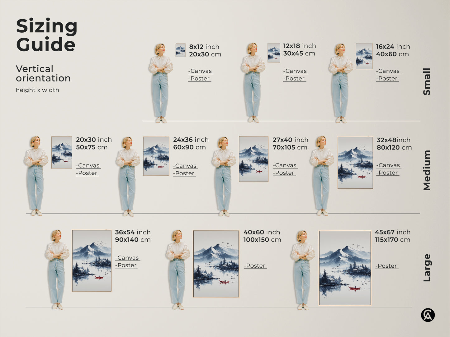 Sizing guide for ink wash mountain lake wall art. Visualize canvas and poster options in various sizes. This Scandinavian nature landscape art fits any space. Find the perfect dimensions to bring peaceful blue and white art into your home. Sizes range from small to large