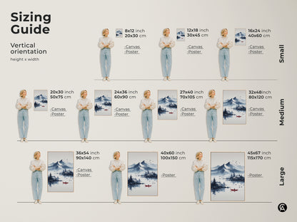 Sizing guide for ink wash mountain lake wall art. Visualize canvas and poster options in various sizes. This Scandinavian nature landscape art fits any space. Find the perfect dimensions to bring peaceful blue and white art into your home. Sizes range from small to large