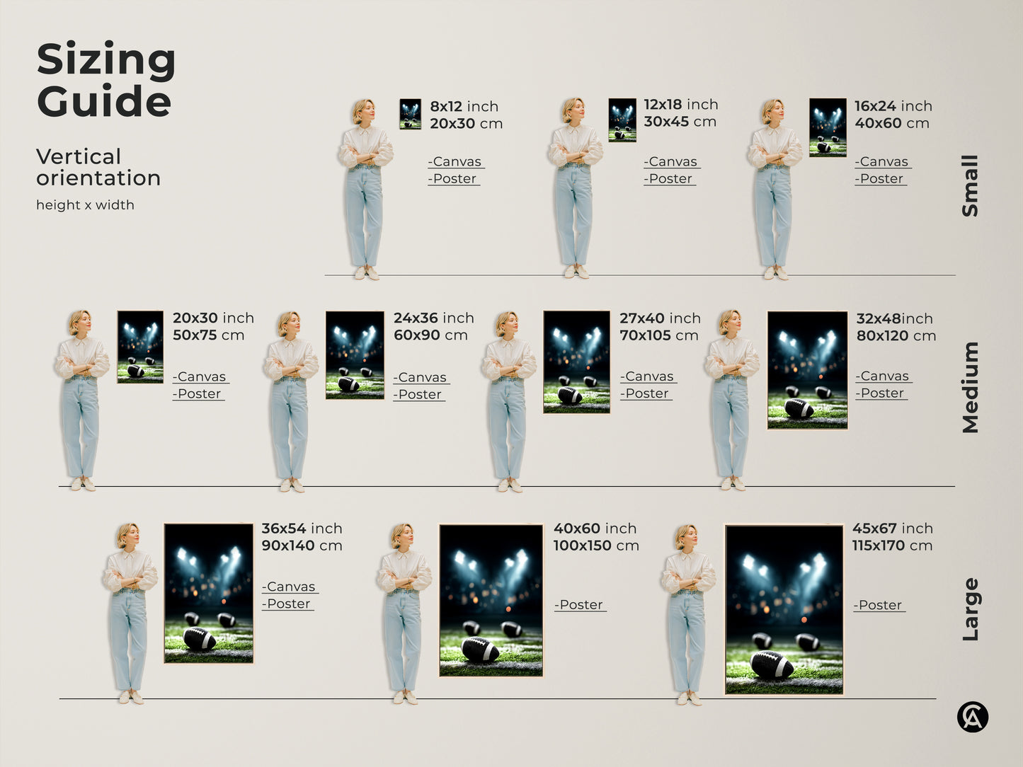 Sizing Guide for American Football Canvas Print. Available in vertical orientations to fit any space. Choose from small medium and large sizes. Perfect for man caves sports bars and home gyms. Find the ideal size to showcase this realistic sports artwork. Transform your space with this night game stadium lights print. A great gift for football fans.