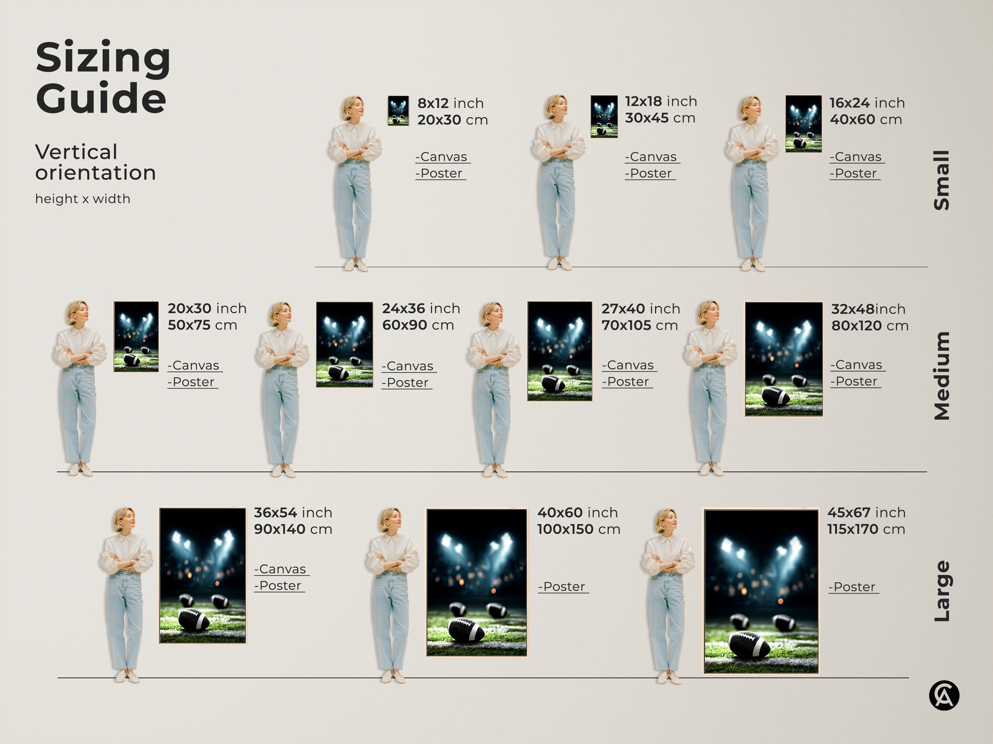 Sizing Guide for American Football Canvas Print. Available in vertical orientations to fit any space. Choose from small medium and large sizes. Perfect for man caves sports bars and home gyms. Find the ideal size to showcase this realistic sports artwork. Transform your space with this night game stadium lights print. A great gift for football fans.