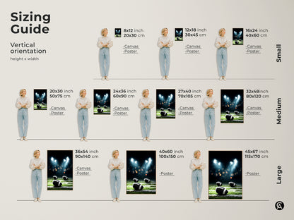 Sizing Guide for American Football Canvas Print. Available in vertical orientations to fit any space. Choose from small medium and large sizes. Perfect for man caves sports bars and home gyms. Find the ideal size to showcase this realistic sports artwork. Transform your space with this night game stadium lights print. A great gift for football fans.