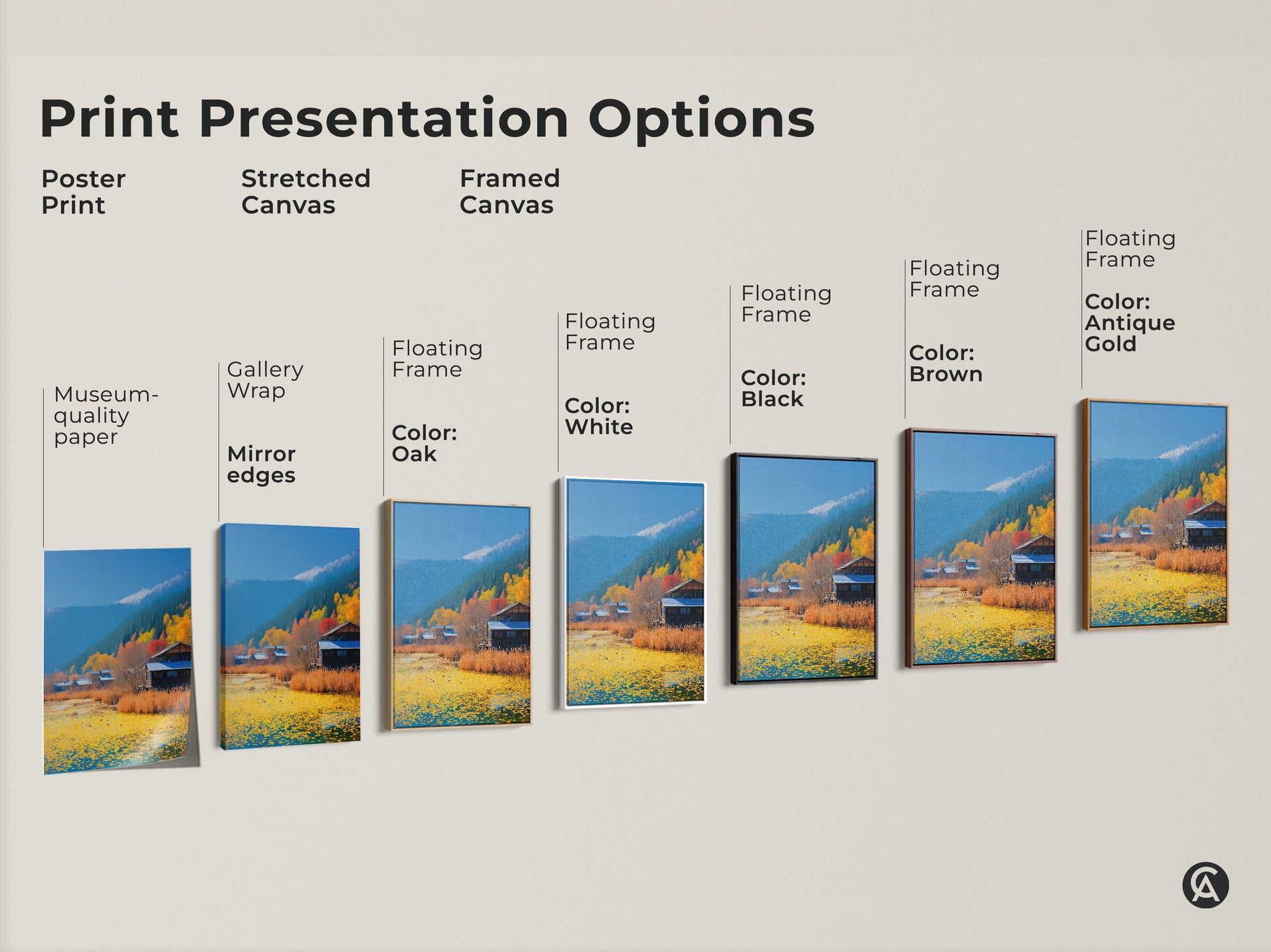 Explore print presentation options. See poster prints stretched canvas and framed canvas. Colors include white black brown oak and antique gold framing options.