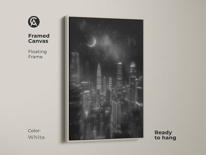 White framed canvas showing a floating frame. High contrast is shown in the monochrome cityscape. Ready to hang contemporary urban decor is displayed with a black and white city canvas.