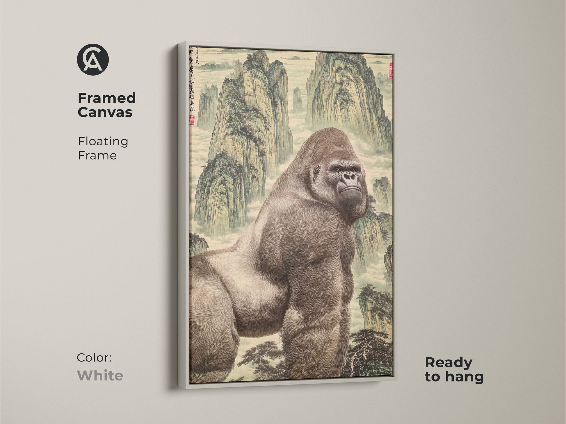 Framed in white this canvas art features a mountain gorilla. In the style of a Chinese landscape painting style. This animal themed decor is a unique gift. A great fine art print for a gorilla lover.
