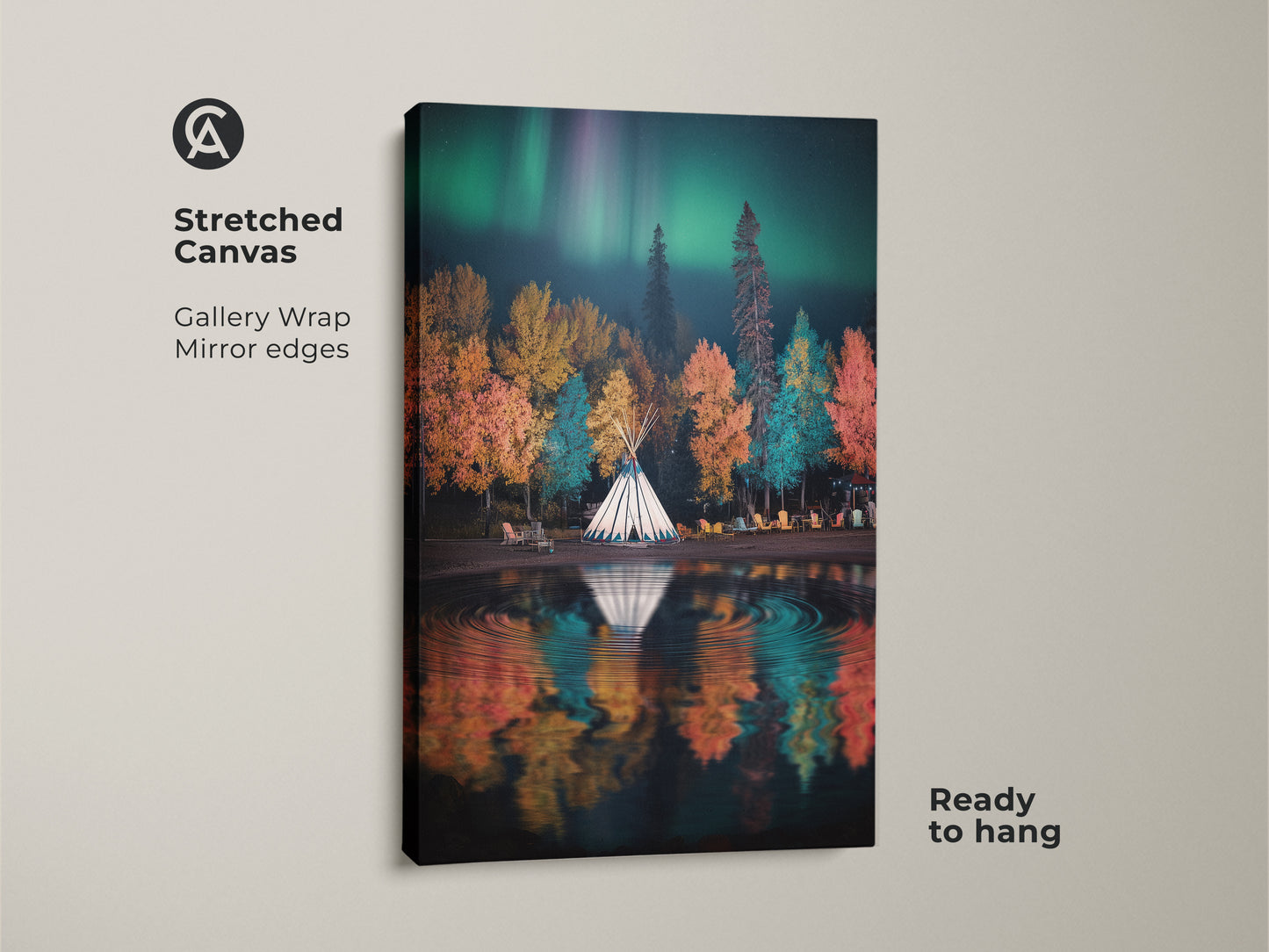 Stretched canvas print featuring a tipi campsite under the northern lights.  Gallery wrapped with mirrored edges this autumn forest lake print is ready to hang. Emerald green and teal artwork adds a boho nature landscape feel.