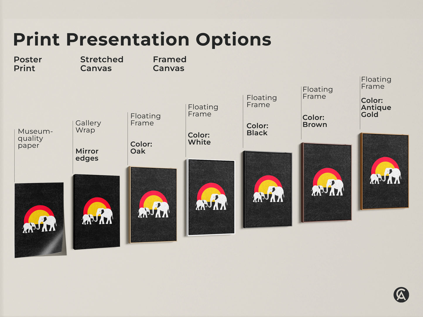 Explore print presentation options for minimalist elephant art. Choose from poster stretched canvas or framed canvas. Discover floating frame colors like white black brown oak and antique gold. Find the perfect piece.