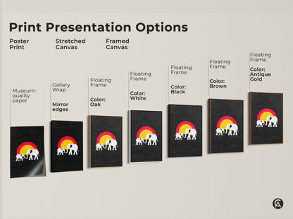 Explore print presentation options for minimalist elephant art. Choose from poster stretched canvas or framed canvas. Discover floating frame colors like white black brown oak and antique gold. Find the perfect piece.