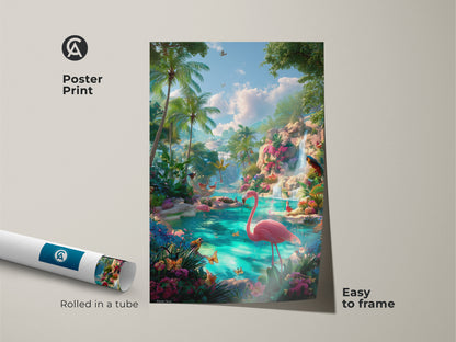 Poster print of a tropical flamingo art piece. The artwork shows a pink flamingo in a vibrant lagoon setting. Rolled in a tube for easy framing. Bring a touch of paradise to your home decor