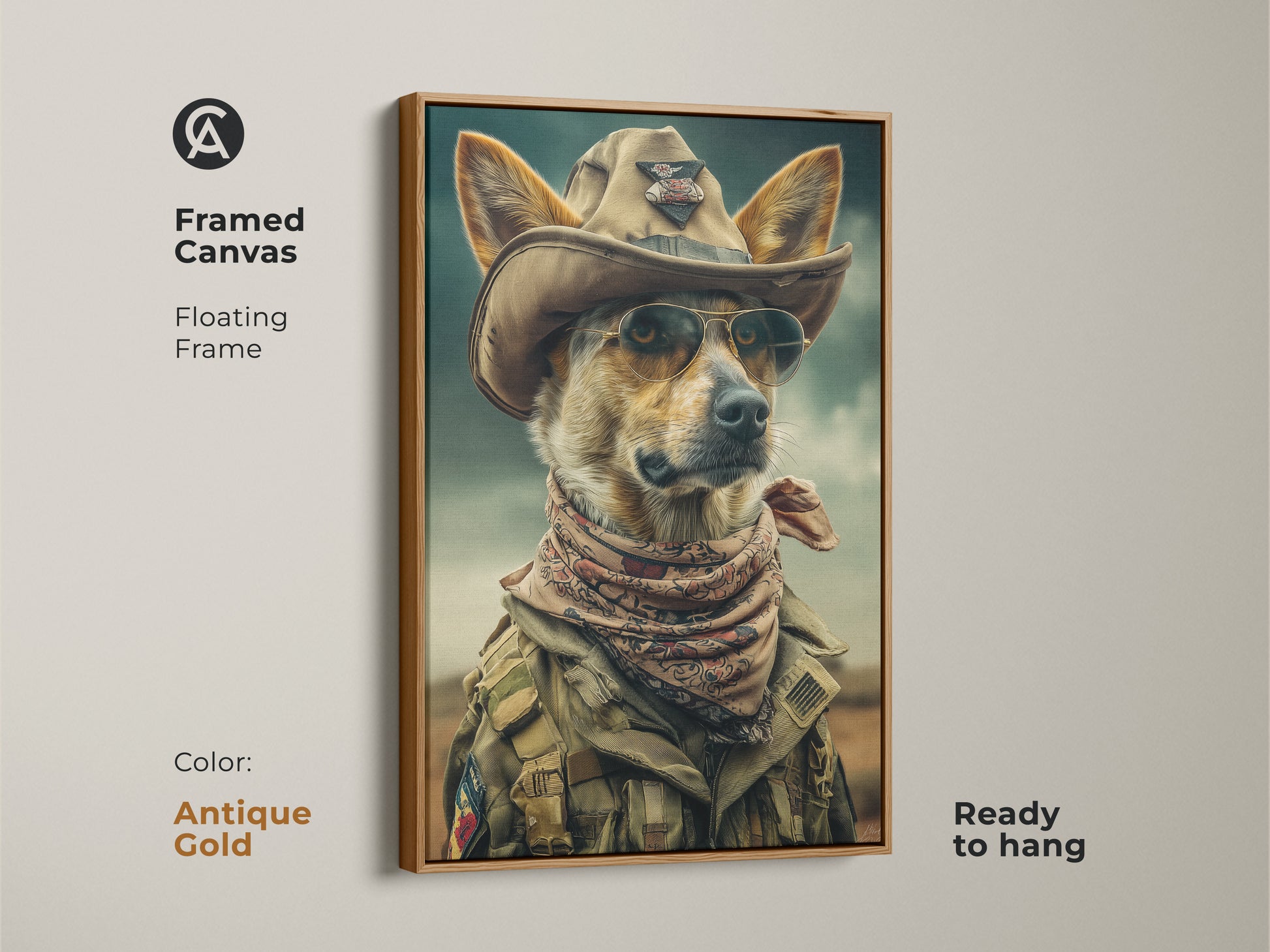 This framed canvas displays a cowboy dog in an antique gold frame. Ready to hang it will enhance a rustic man cave. This eclectic animal art features a dog in a cowboy hat and sunglasses. The khaki teal tones create a western aesthetic.
