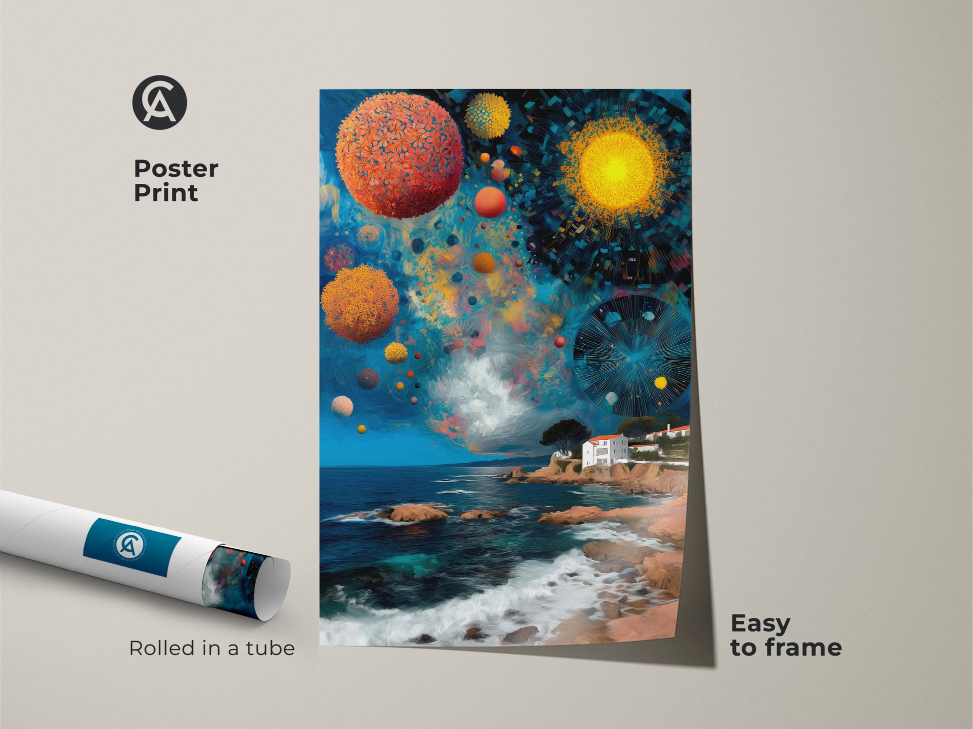 Poster print art showcasing celestial orbs and a Mediterranean villa. This abstract artwork is rolled in a tube for easy framing. The vivid blue orange turquoise palette is perfect for eclectic decor.