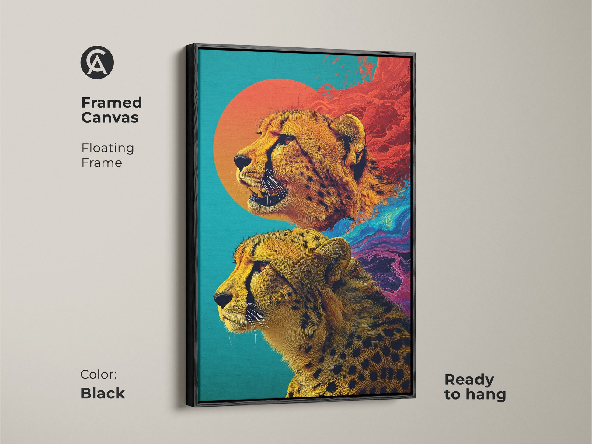 This framed canvas showcases abstract cheetah artwork in bold teal and orange hues. Displaying a unique wildlife animal canvas print. This piece is set in a warm brown floating frame. Perfect eclectic bedroom decor and modern home office artwork. A ready to hang statement piece for any animal lover's home.
