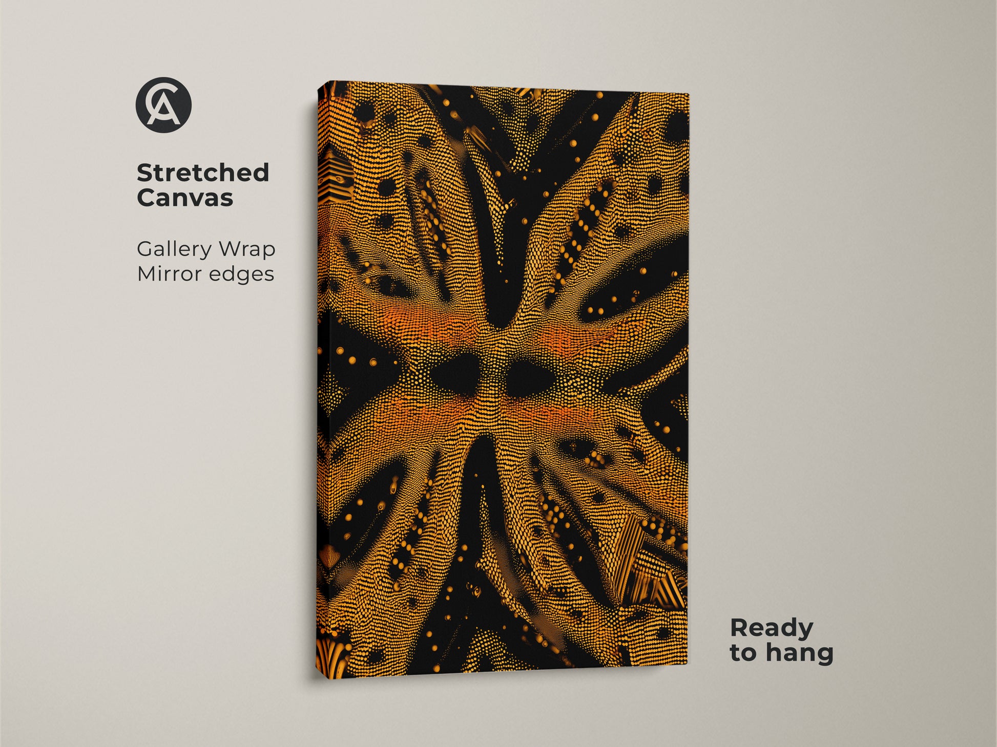 Here is a close-up of a stretched canvas featuring goldenrod and black abstract art. The geometric dotted artwork is ready to hang. This textured abstract canvas print is perfect for adding modern style to any space.