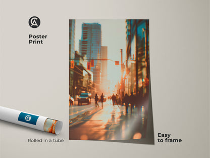 Poster print of a city street bathed in golden sunlight. The blurred effect creates a sense of motion and energy. Easy to frame this poster is perfect for adding an urban touch to your space. Rolled in a tube for protection.