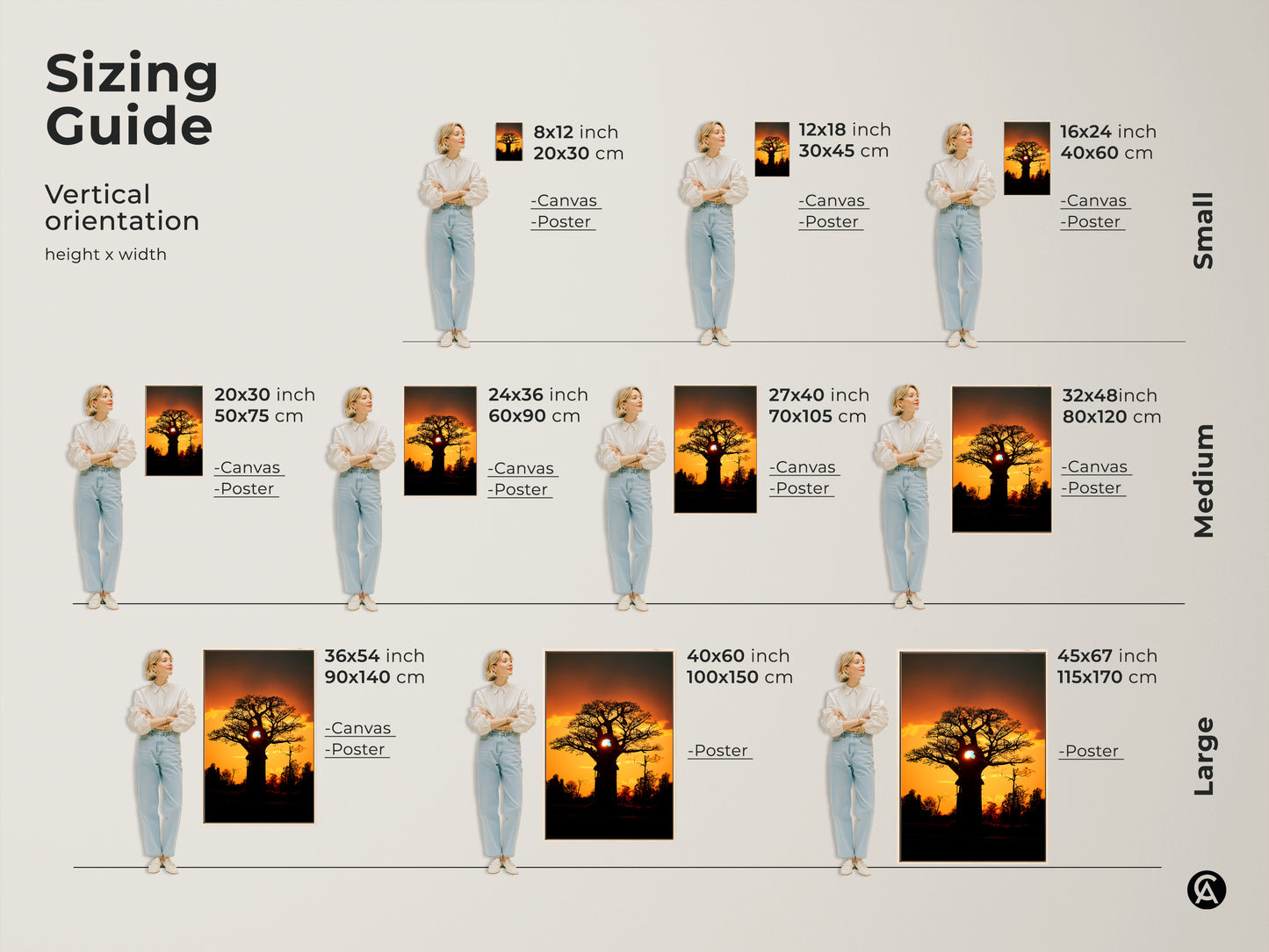 Sizing guide for African Sunset Baobab Tree artwork. Vertical orientation options include canvas and poster prints. Available in small medium and large sizes. It is ideal for any room and style.