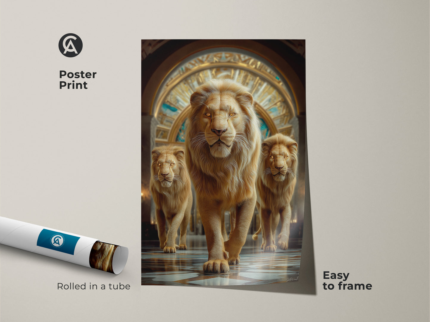 This poster print displays a photorealistic amber wildlife golden lion. The lion king artwork arrives rolled in a tube and is easy to frame. An ideal fine art animal print for a study room. Perfect as housewarming gift art.