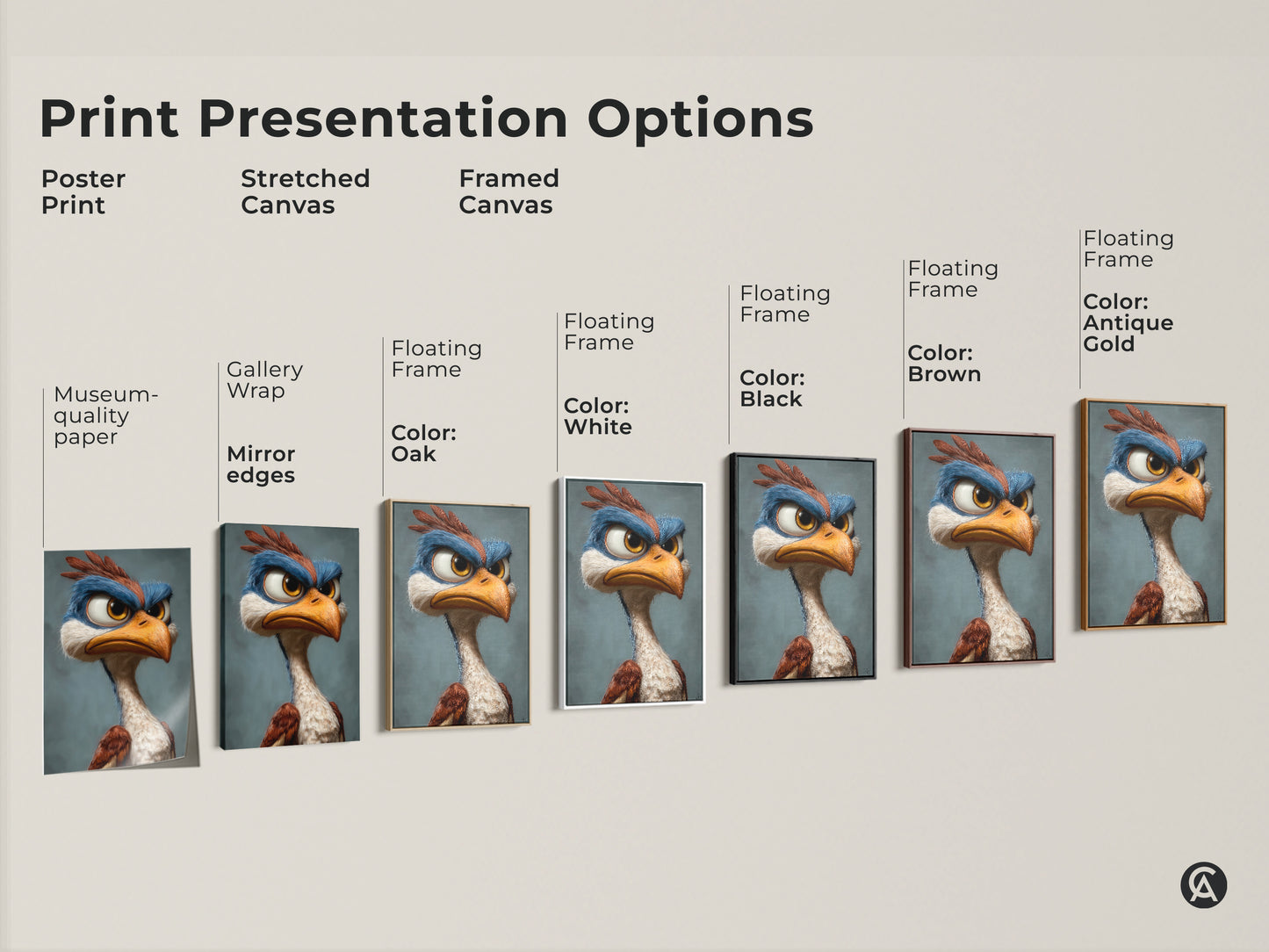 Explore print presentation options for cartoon bird art. Choose from poster prints stretched canvas and framed canvas. Customize your art to match your style. Transform your space with unique bird art.