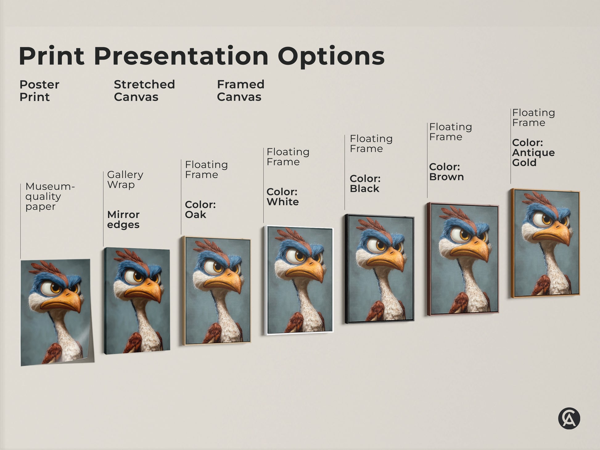 Explore print presentation options for cartoon bird art. Choose from poster prints stretched canvas and framed canvas. Customize your art to match your style. Transform your space with unique bird art.