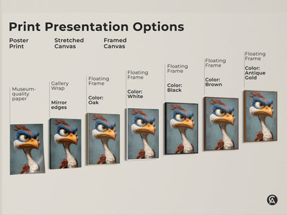 Explore print presentation options for cartoon bird art. Choose from poster prints stretched canvas and framed canvas. Customize your art to match your style. Transform your space with unique bird art.
