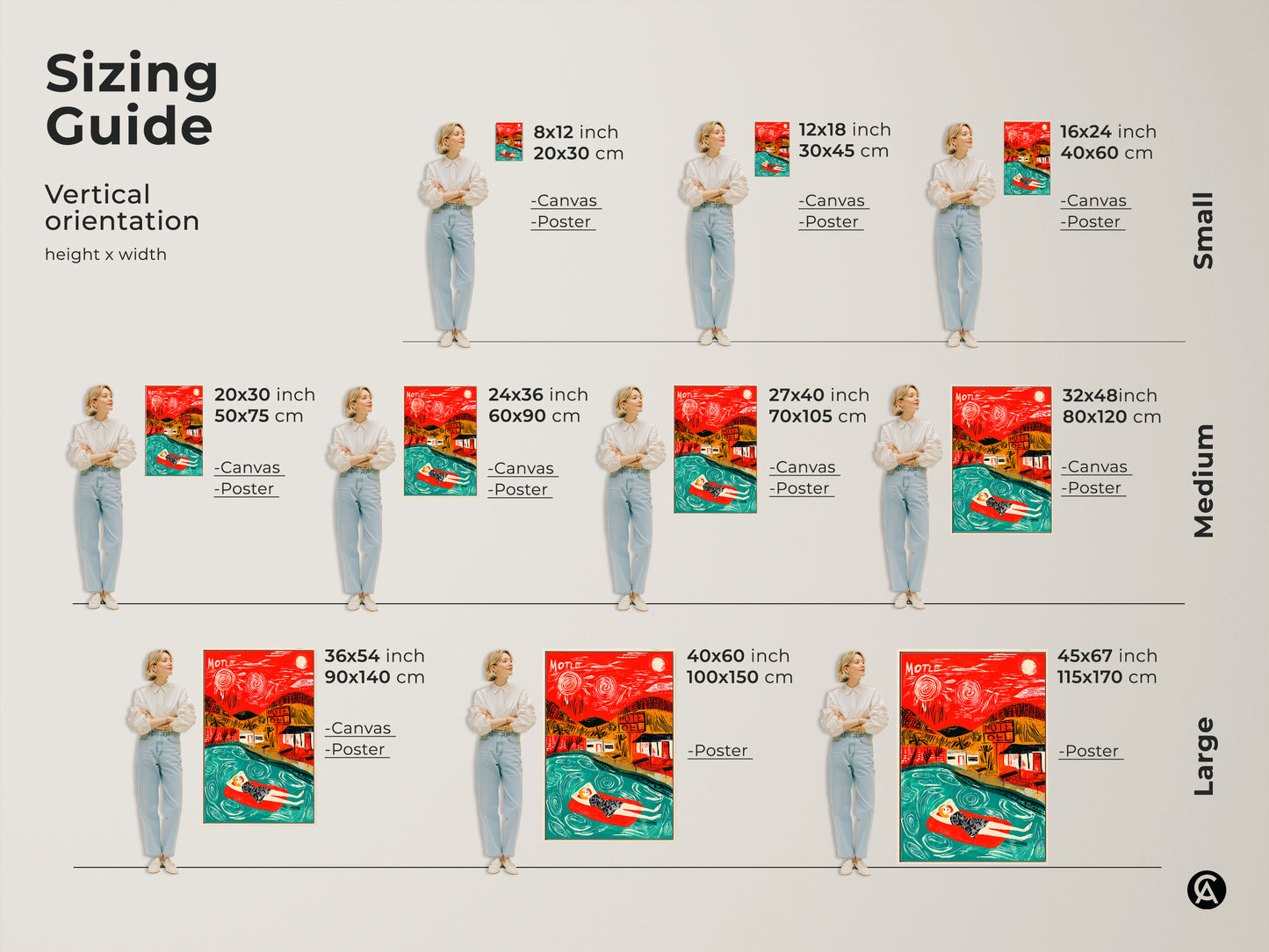 Sizing guide for vertical artwork. See how different sizes of canvas and poster prints featuring a retro motel scene fit in a room. Find the perfect size for your space.