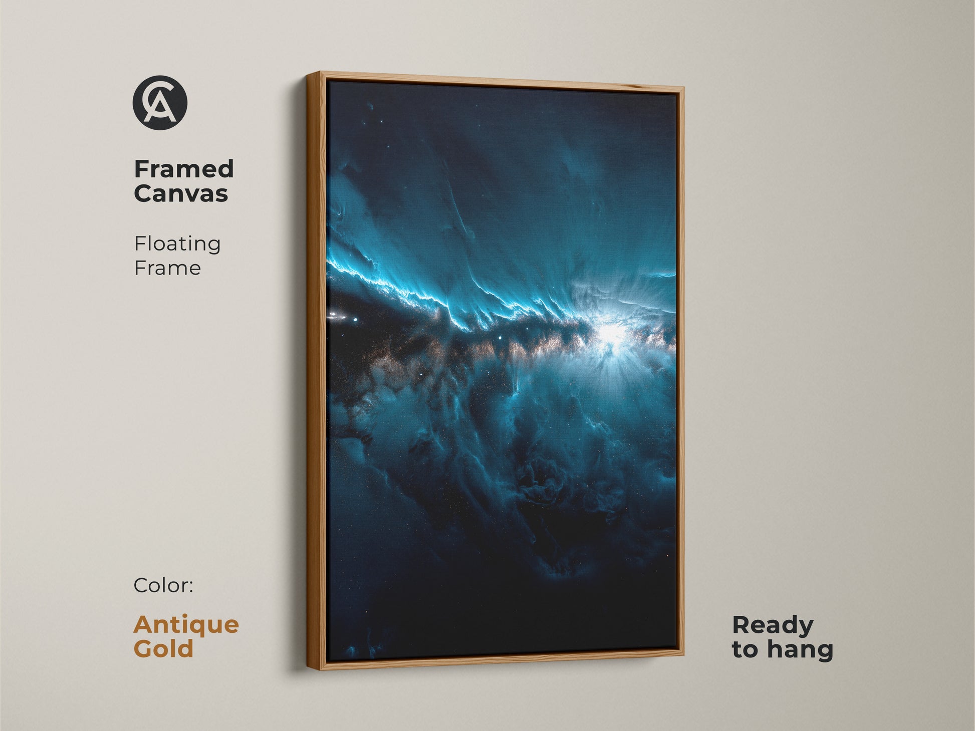This is a framed canvas nebula artwork. The art features shades of dark blue and white. The frame is an antique gold color. This framed art is ready to hang. It features a floating frame. Purchase this framed artwork today
