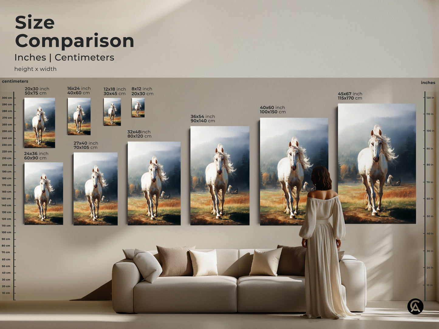 Size comparison of white horse canvas art print. This realistic animal artwork comes in various sizes. Perfect for living room or bedroom decor. See how it fits above a couch. Rustic wall art.