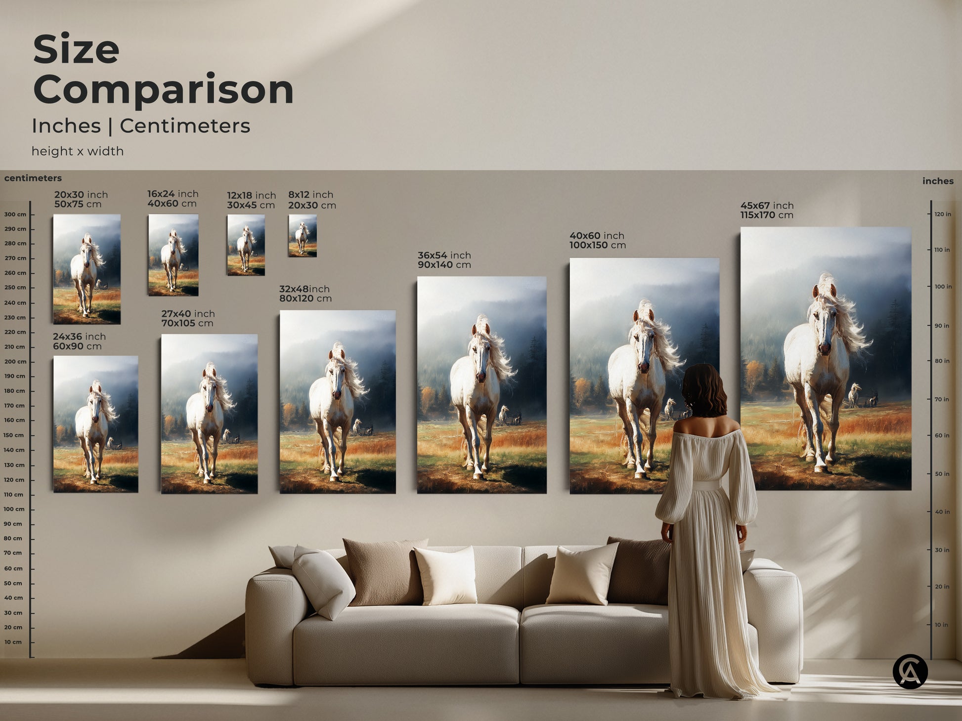 Size comparison of white horse canvas art print. This realistic animal artwork comes in various sizes. Perfect for living room or bedroom decor. See how it fits above a couch. Rustic wall art.