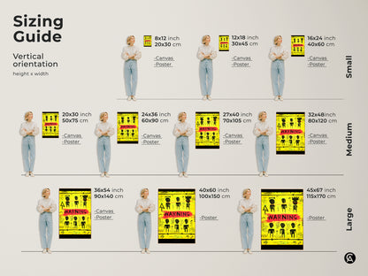 Sizing guide for neo-expressionism canvas and posters. Visualize vertical orientation with different sizes. See the 8x12 inch to 45x67 inch options. Find the perfect fit for your space. Yellow black graffiti art for office or home decor. Get your abstract street art print today.