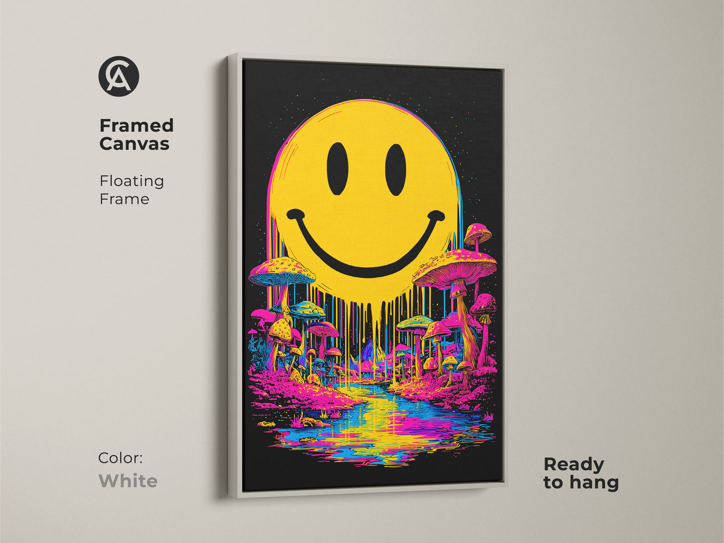 Framed canvas of smiley face art with a white floating frame. This artwork features a bright yellow smiley face above a psychedelic mushroom landscape and reflective river. The white frame offers a clean modern look. This framed canvas is ready to hang and brightens your home