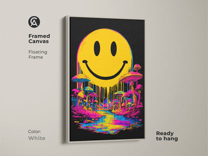 Framed canvas of smiley face art with a white floating frame. This artwork features a bright yellow smiley face above a psychedelic mushroom landscape and reflective river. The white frame offers a clean modern look. This framed canvas is ready to hang and brightens your home