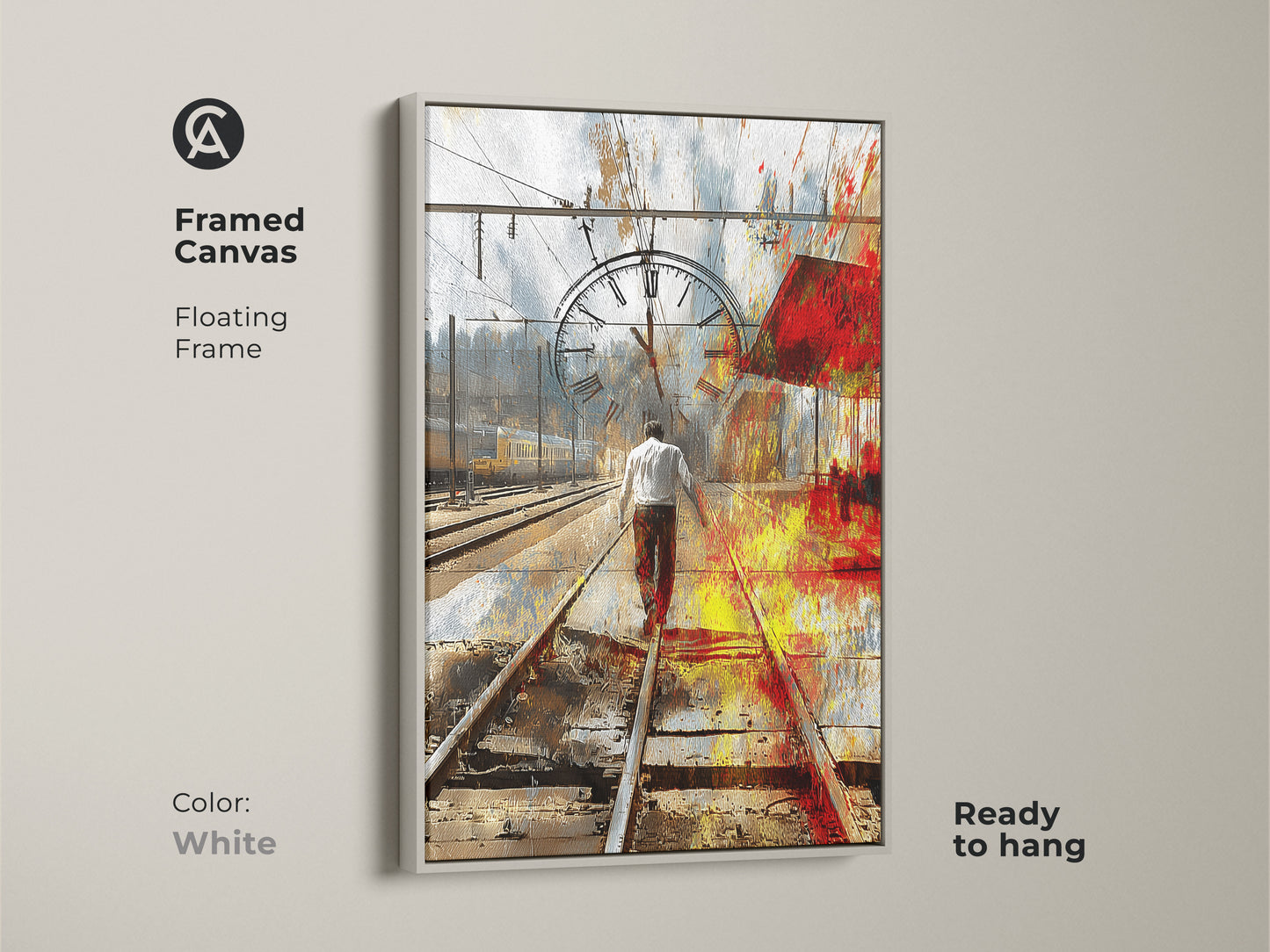 Framed Canvas Print with a floating white frame. A man walks on railway art with a vintage clock. This piece is ready to hang. Modern abstract artwork for the study room. A surrealist home decor piece.