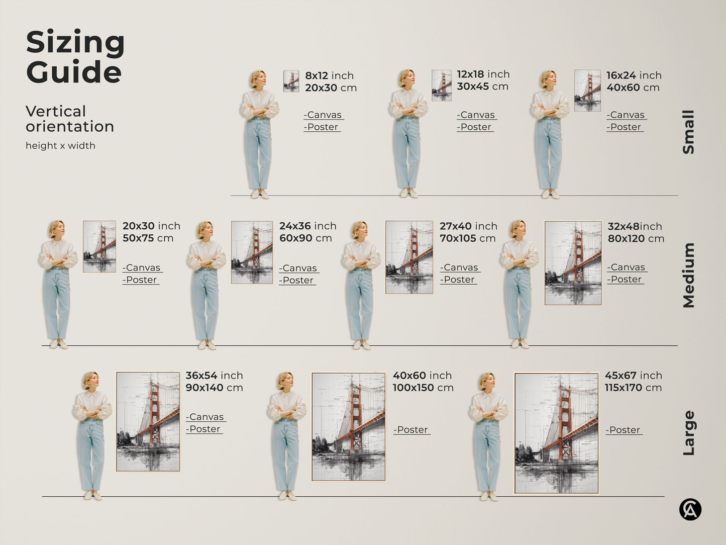 Sizing guide for vertical Golden Gate Bridge canvas and poster art. Small medium and large sizes are shown with people for scale. This architectural sketch print is industrial wall decor. The orange and gray cityscape art is a travel lover gift. Find the perfect size.