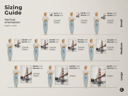 Sizing guide for vertical Golden Gate Bridge canvas and poster art. Small medium and large sizes are shown with people for scale. This architectural sketch print is industrial wall decor. The orange and gray cityscape art is a travel lover gift. Find the perfect size.