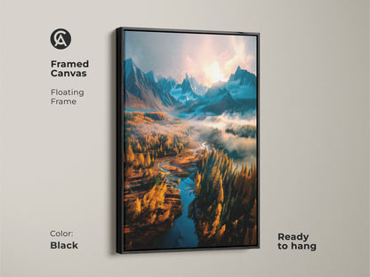 Framed canvas artwork featuring mountains a river and golden trees in a black floating frame. This ready-to-hang art enhances your space with nature's beauty. The black frame adds a sleek modern touch. Order this framed art to transform your living space.
