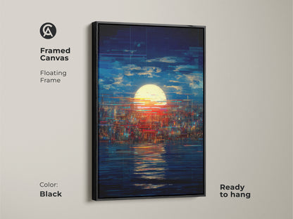 Framed canvas featuring a glitch art cityscape. Black floating frame enhances this abstract sunset wall art. Blue yellow red tones add to this contemporary office art. Ready to hang.
