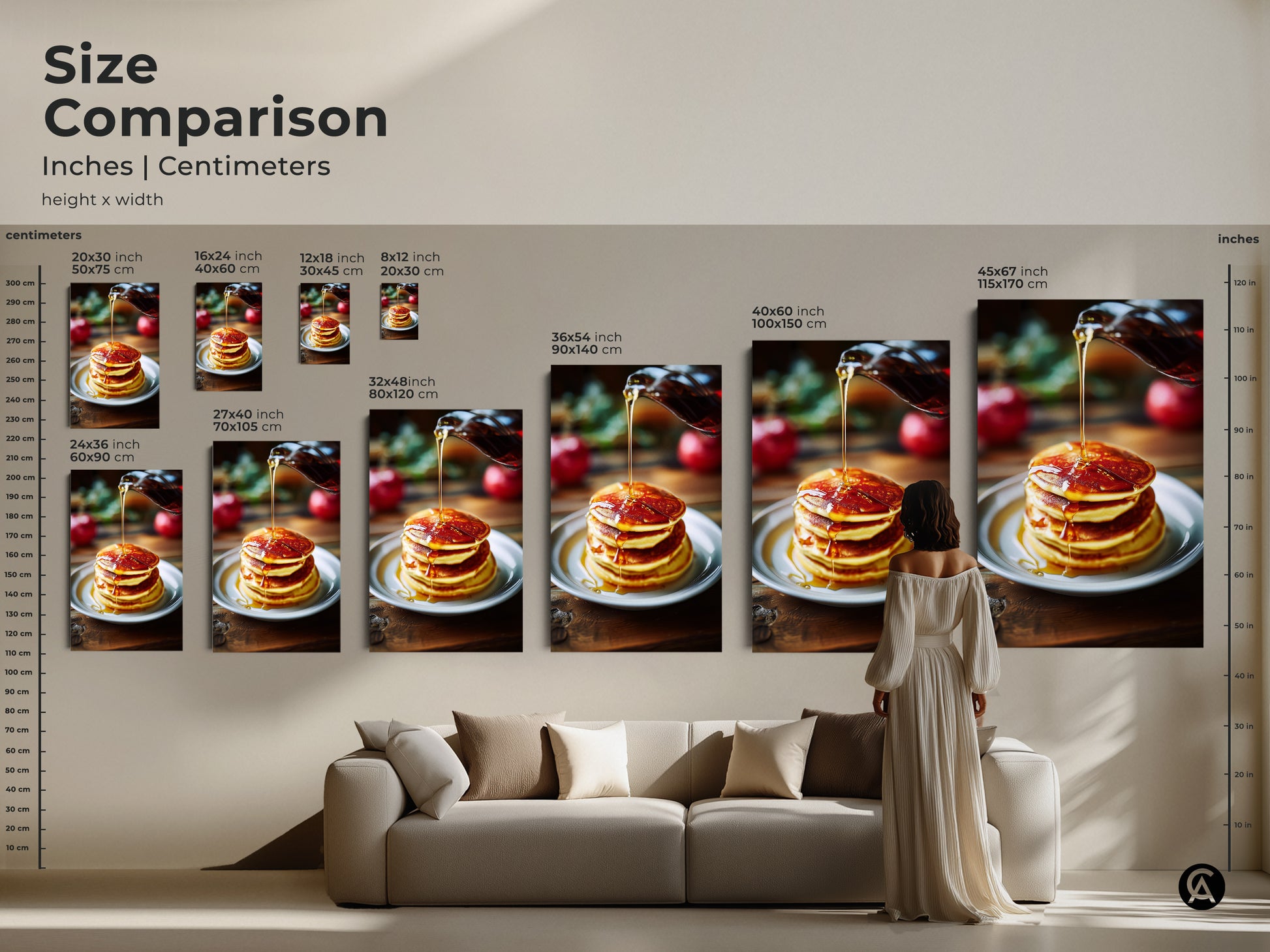 Size comparison of pancake art prints in inches and centimeters. See how different sizes fit above a sofa. The food photography adds warmth to any room. Choose the perfect scale for your kitchen or dining area. Great for modern farmhouse decor.