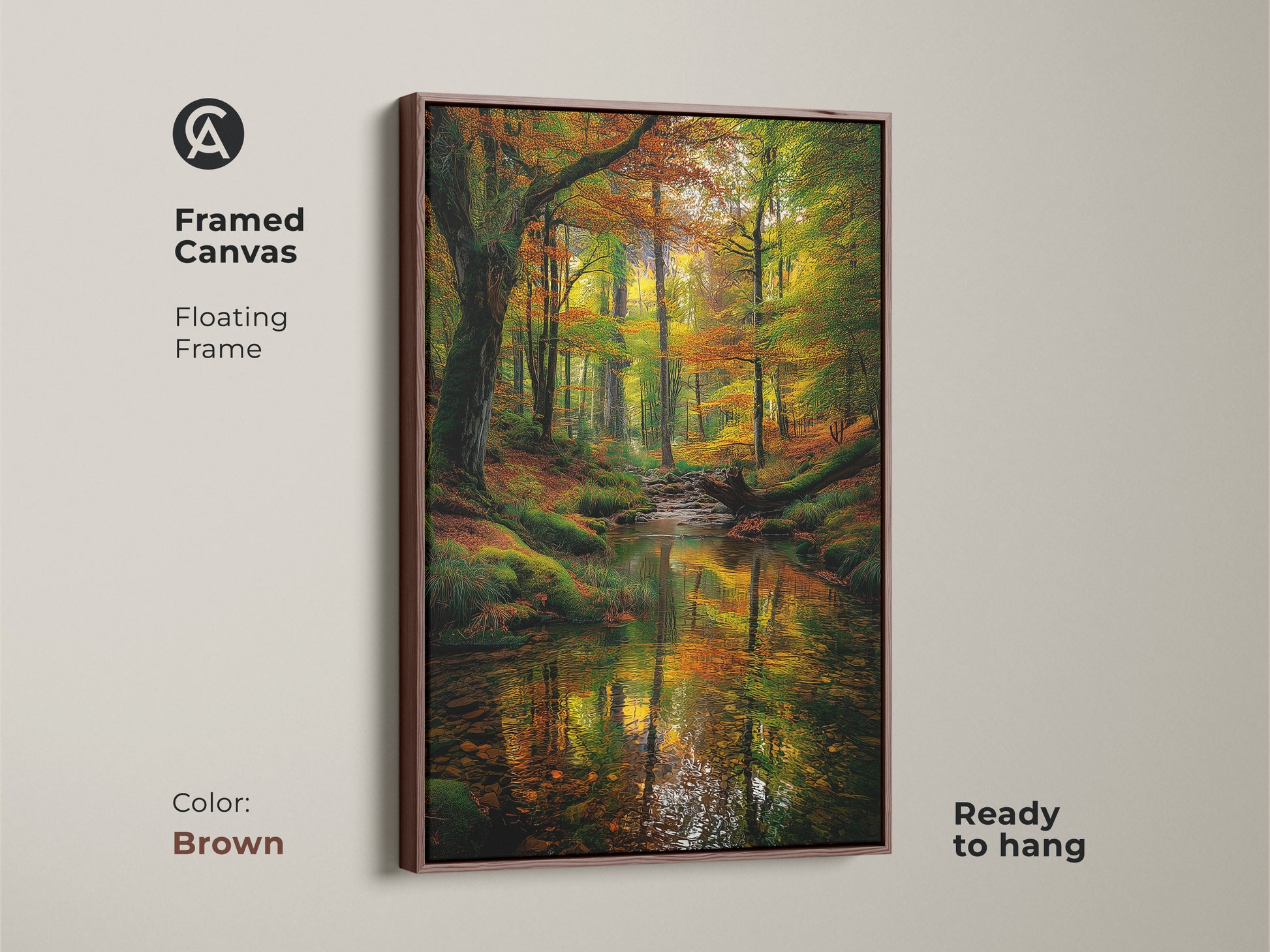 Framed canvas artwork of a serene forest stream in fall. The floating frame in brown complements the natural scene. This ready-to-hang wall art brings the outdoors inside. The colorful foliage and water reflections create a stunning visual. Perfect for nature-inspired decor.