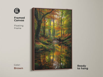 Framed canvas artwork of a serene forest stream in fall. The floating frame in brown complements the natural scene. This ready-to-hang wall art brings the outdoors inside. The colorful foliage and water reflections create a stunning visual. Perfect for nature-inspired decor.
