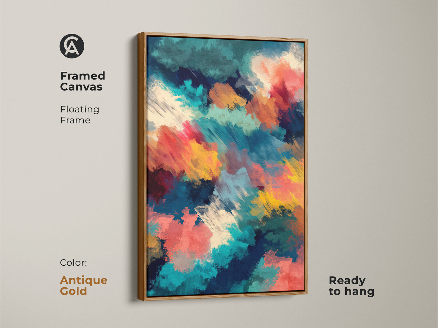 Framed canvas with floating frame featuring abstract artwork. The antique gold frame enhances the colors of teal red and yellow. This modern art piece is ready to hang. A great addition to any home.