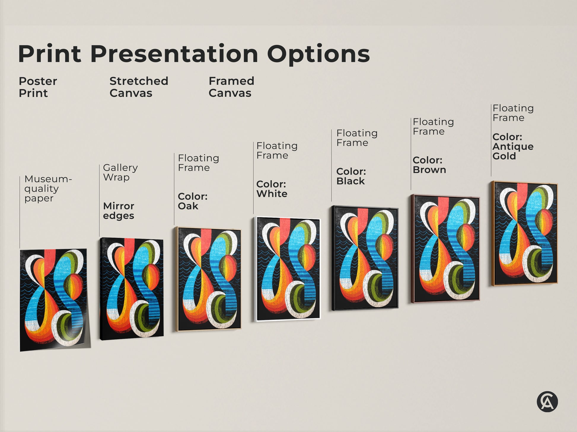 Explore print presentation options including poster print stretched canvas and framed canvas. Each features geometric abstract artwork in a mid-century modern style. Choose the perfect medium to display this retro orange blue and red artwork in your office or home.