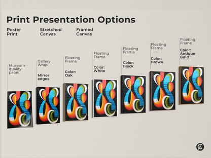 Explore print presentation options including poster print stretched canvas and framed canvas. Each features geometric abstract artwork in a mid-century modern style. Choose the perfect medium to display this retro orange blue and red artwork in your office or home.