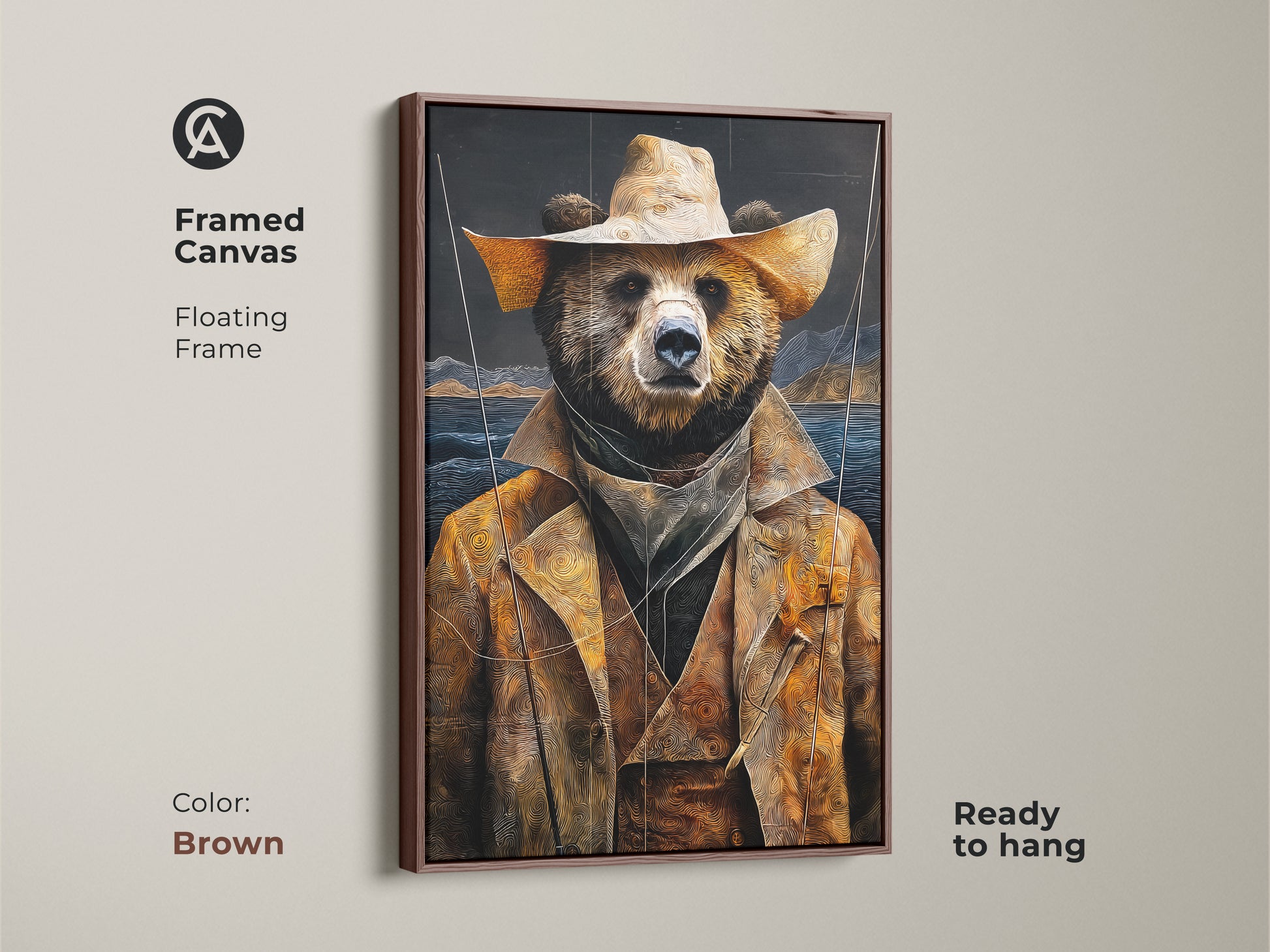 Framed Canvas print showcasing the golden yellow bear cowboy art with a brown floating frame. This rustic animal art print is ready to hang adding earthy tones landscape to your home. Get this western style art now.