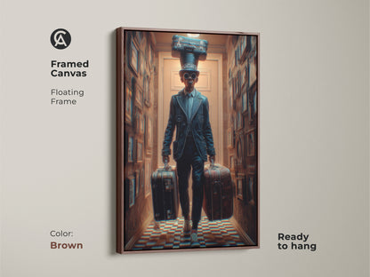 Brown Framed Canvas featuring a Surreal Steampunk Man. This unique travel artwork has a floating frame. It is ready to hang. This artwork is perfect for adding an eclectic touch to your space. The man with suitcases creates a vintage charm.