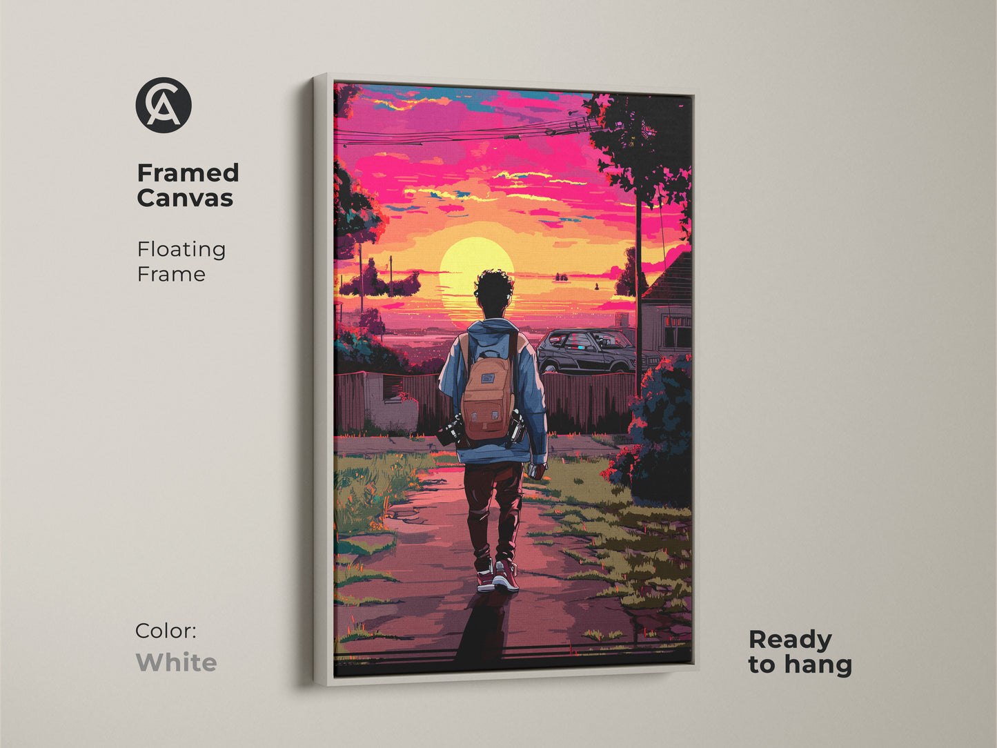 White Framed Pixel Art Urban Sunset Canvas. A retrofuturism artwork shows a person with a backpack. The magenta orange yellow sunset is vibrant. Ready to hang wall art for eclectic decor.