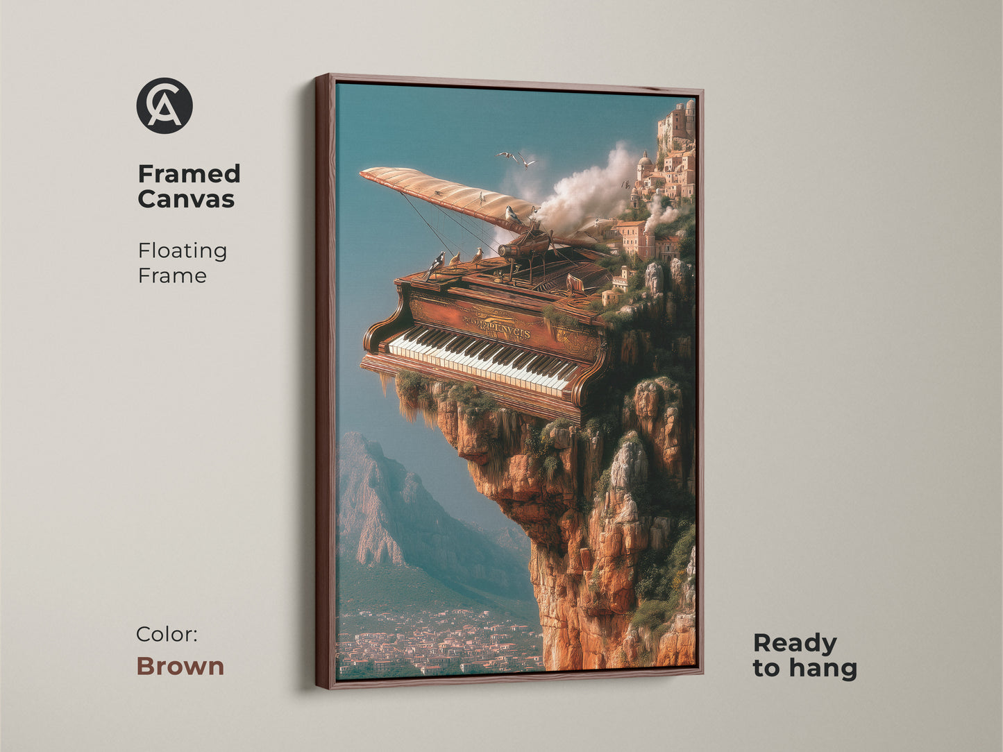 Framed steampunk canvas art with a brown floating frame. This features a surreal piano perched on a cliff turning into a cityscape. Ready to hang and perfect for eclectic homes or office spaces. Makes a great gift for music lovers.
