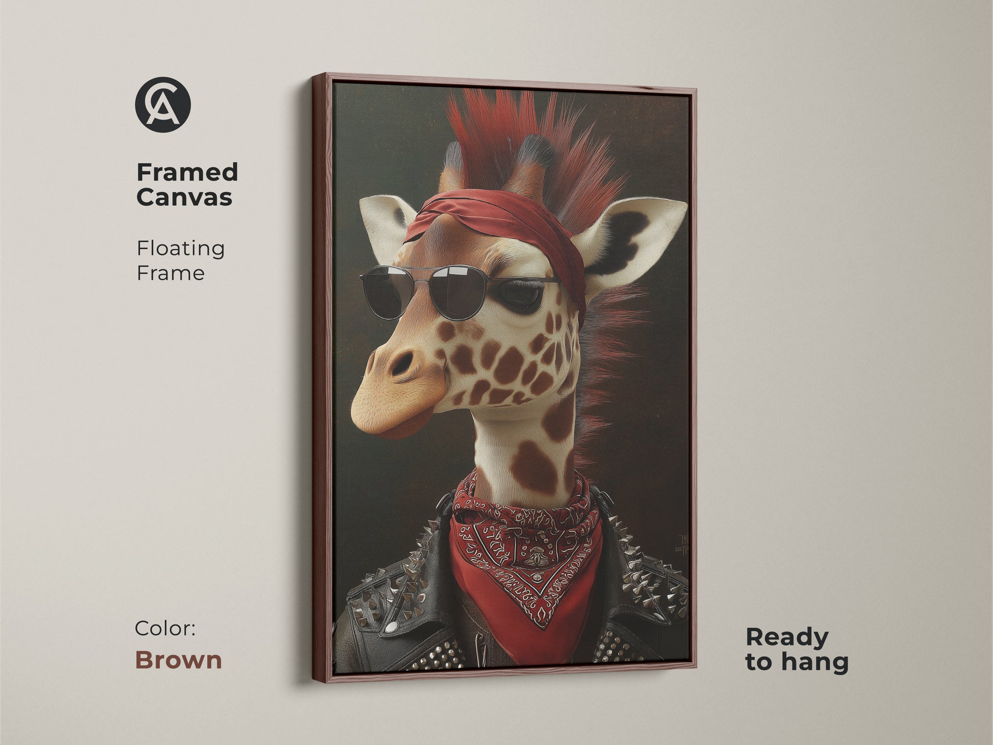 Brown framed canvas art of a retro punk giraffe. The animal portrait features sunglasses and a bandana in a floating frame. Ready to hang. The perfect birthday gift for him or any animal lover.