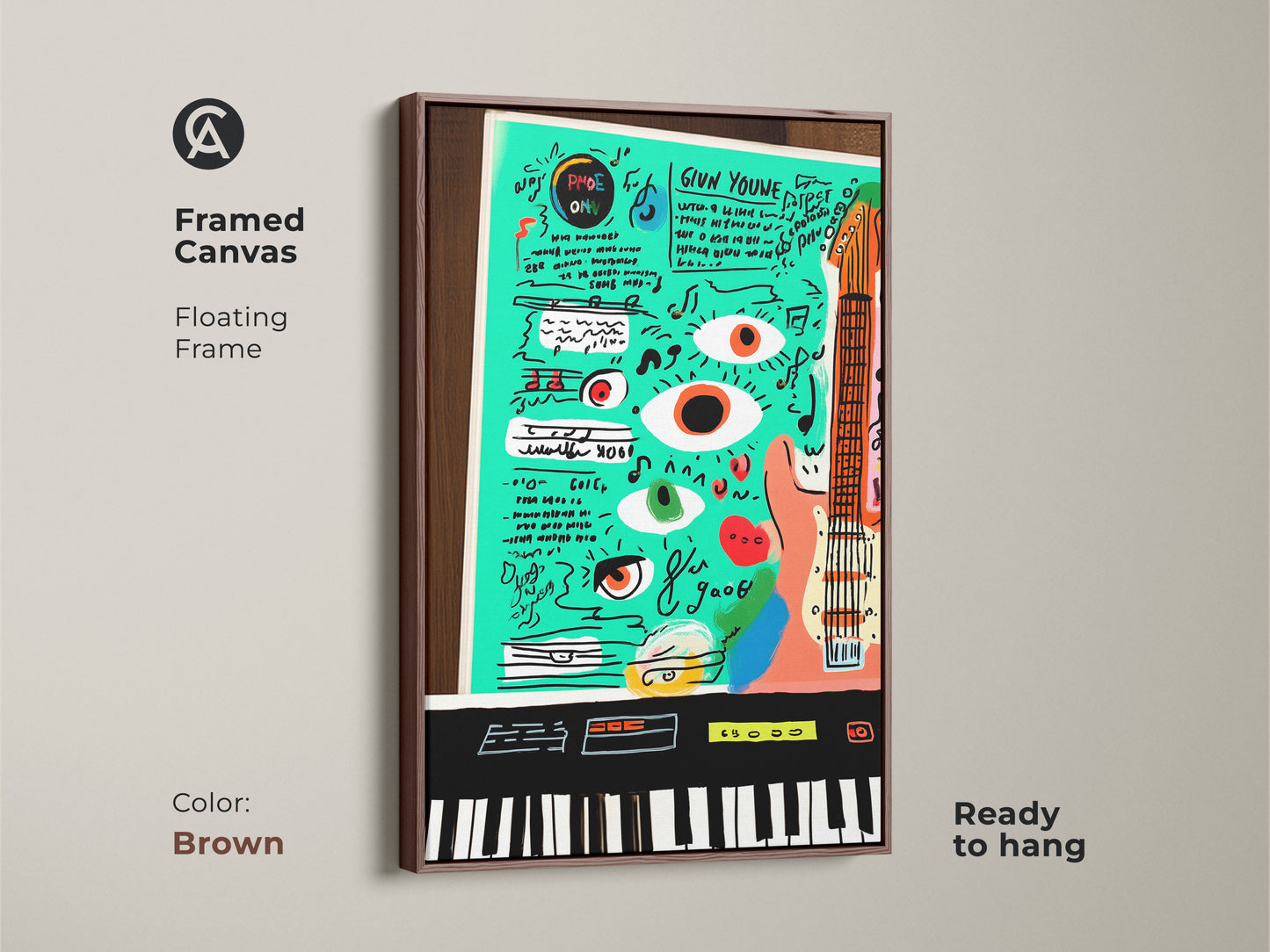 Framed in a brown floating frame this canvas showcases a teal orange pop art. The art features music instruments and abstract elements. It is a perfect gift for musicians. Ready to hang this eclectic wall decor brings personality to any studio or office space.