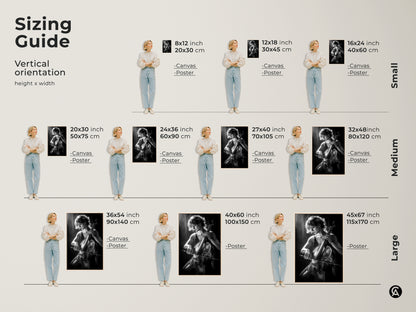 Sizing guide for the cello player artwork. Available in various vertical orientation canvas and poster sizes. Find the perfect fit for your space with this black and white music art.