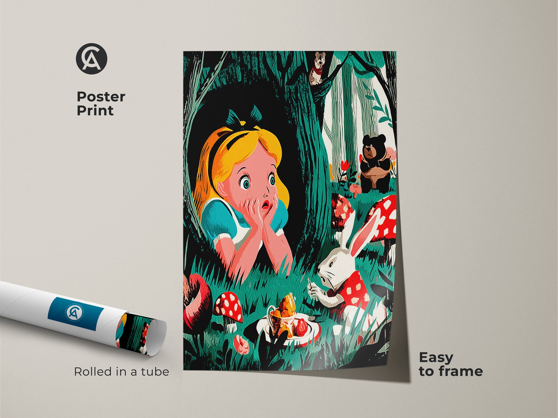 This poster print displays an Alice in Wonderland illustration. Alice is featured with the White Rabbit and a bear. The print is rolled in a tube making it easy to frame. It makes perfect fairytale wall art for a kids room or eclectic home.