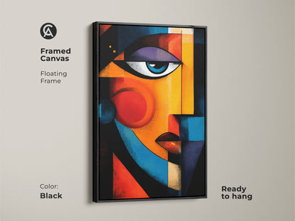 Framed canvas of a vibrant abstract face art. The floating black frame enhances the modern artwork. Ready to hang this piece adds a contemporary touch to your home decor collection.