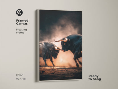 Framed canvas of two bulls fighting with a white floating frame. This animal artwork is ready to hang. It's a great addition to any room. The bull fighting artwork captures the intensity of the moment. Order yours today.